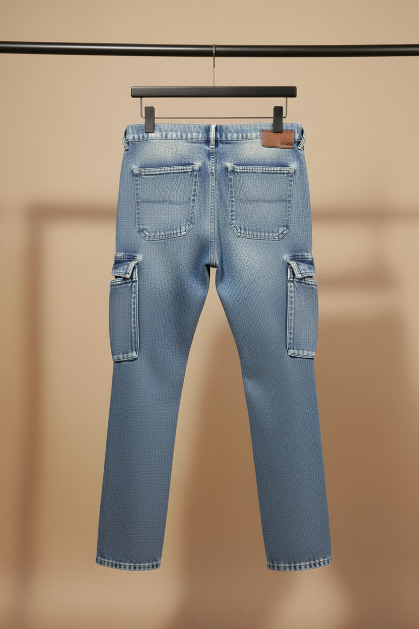 ET HERE & NOW Men's Blue Washed Cargo Jeans