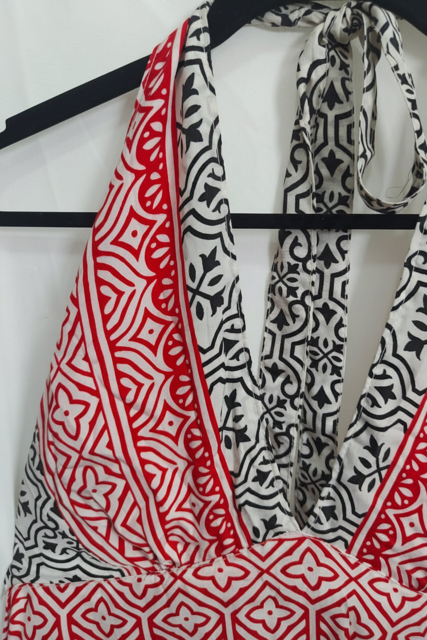 India Town Red Black White Printed Halter Neck Tunic Top