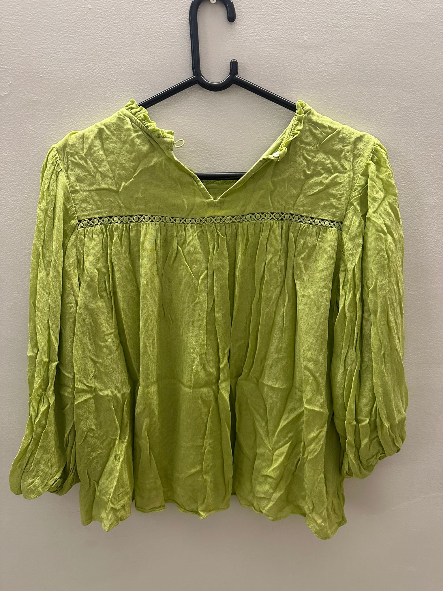 Label RITU KUMAR Lime Green Smocked Ruffle Neck 3/4 Sleeve Top