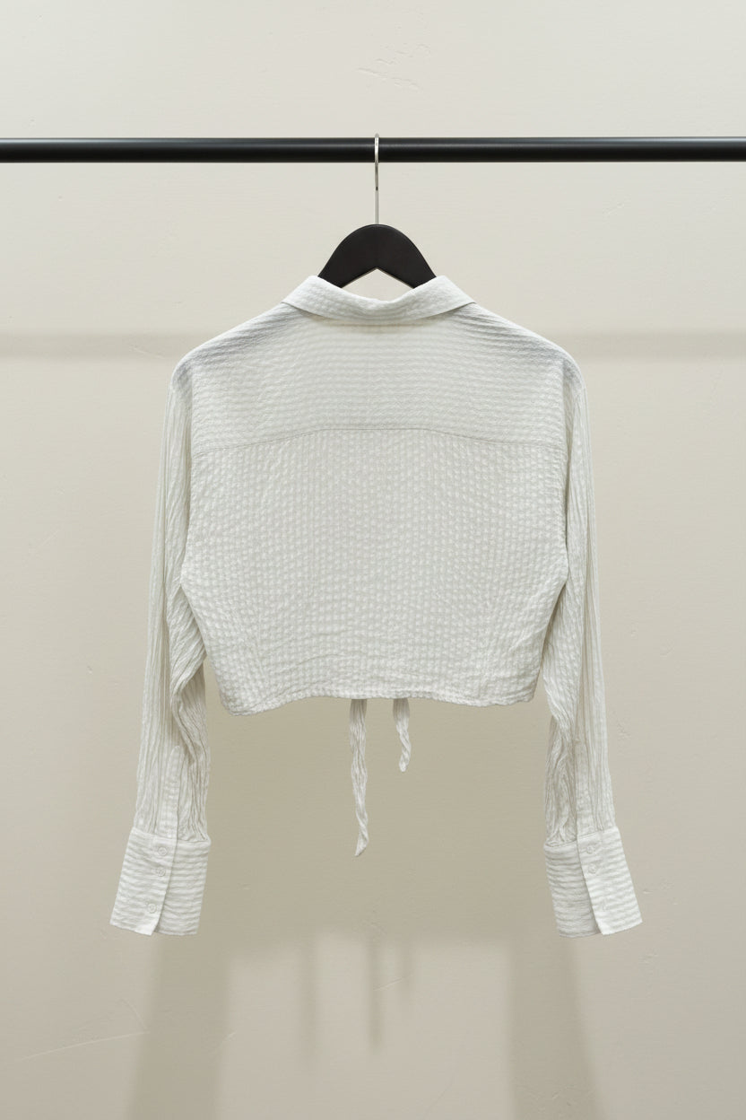 White Textured Tie-Front Long Sleeve Crop Top