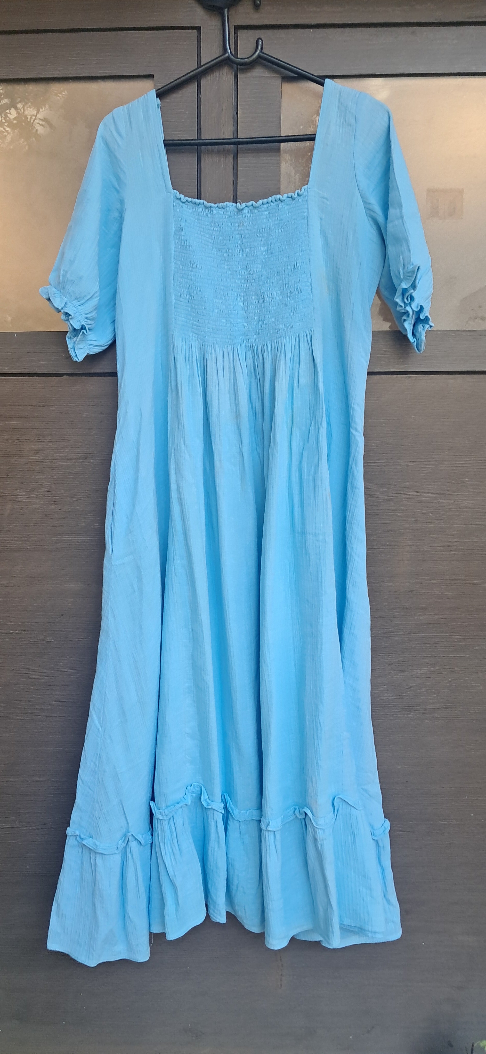 Alankriti By Tanu Sky Blue Smocked A-Line Midi Dress