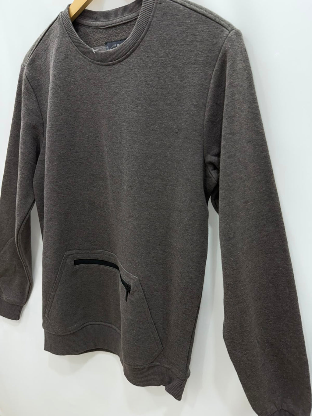 Men's Cotton&Silk Grey Crew Neck Sweatshirt with Zipper Pocket