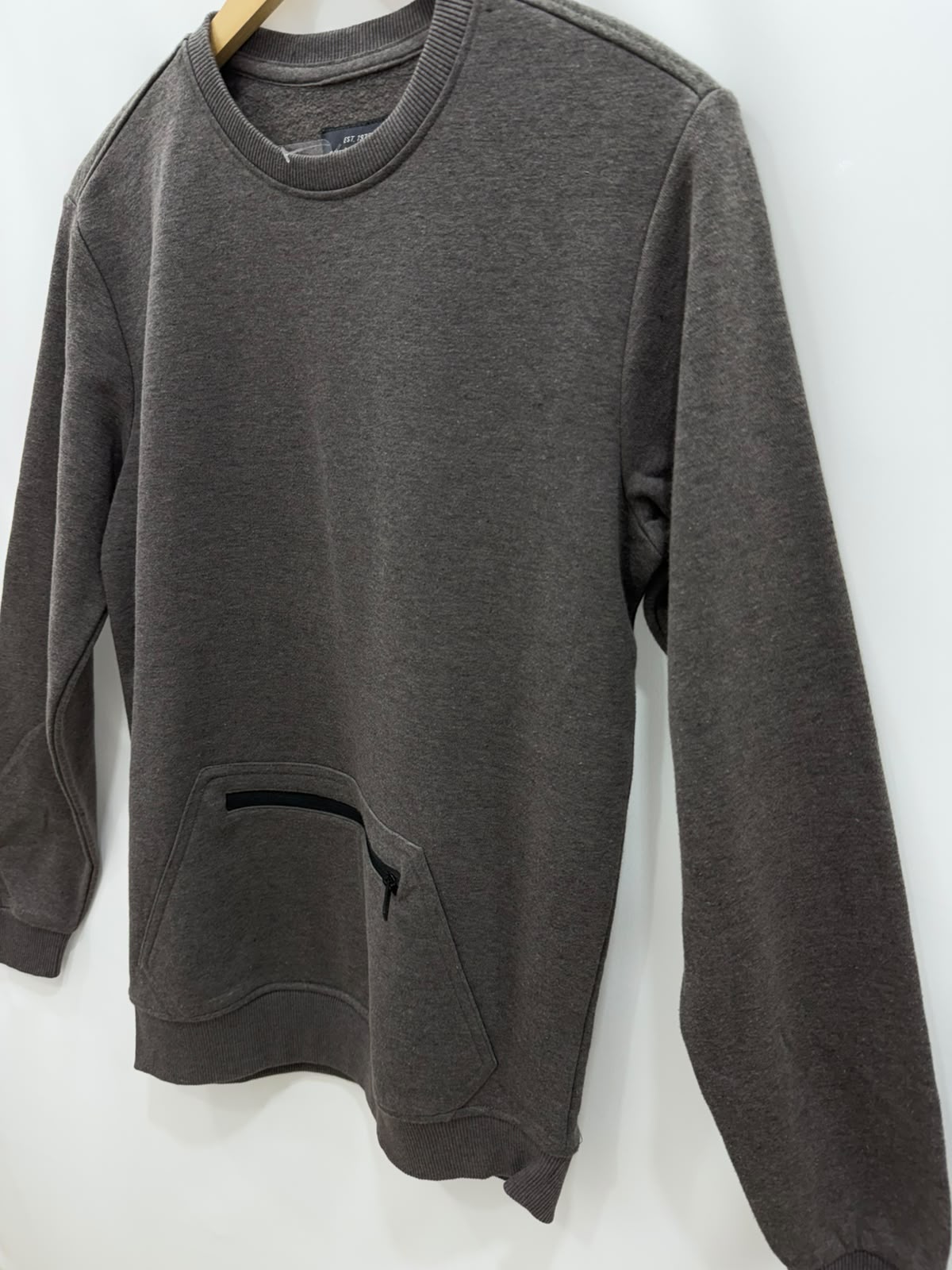 Men's Cotton&Silk Grey Crew Neck Sweatshirt with Zipper Pocket
