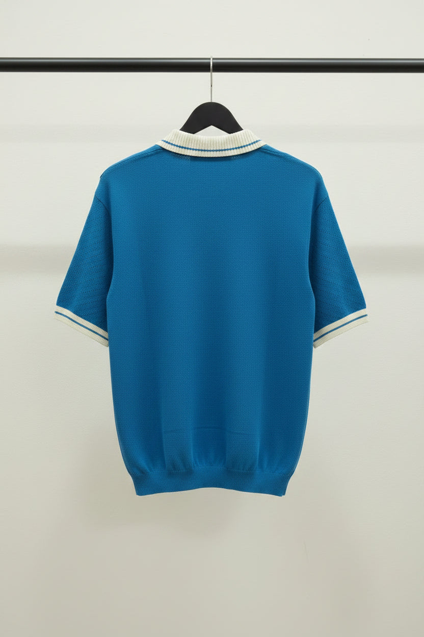 GUCCI Men's Blue Knit Polo Shirt with Beige Collar