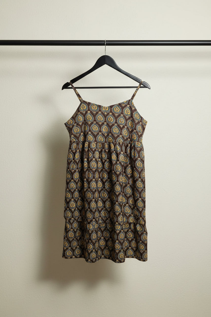 SVRNAA Women's Brown Multicolor Printed Cotton A-Line Maxi Dress