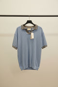 Gucci Men's Light Blue Knitted Polo Shirt with Striped Collar
