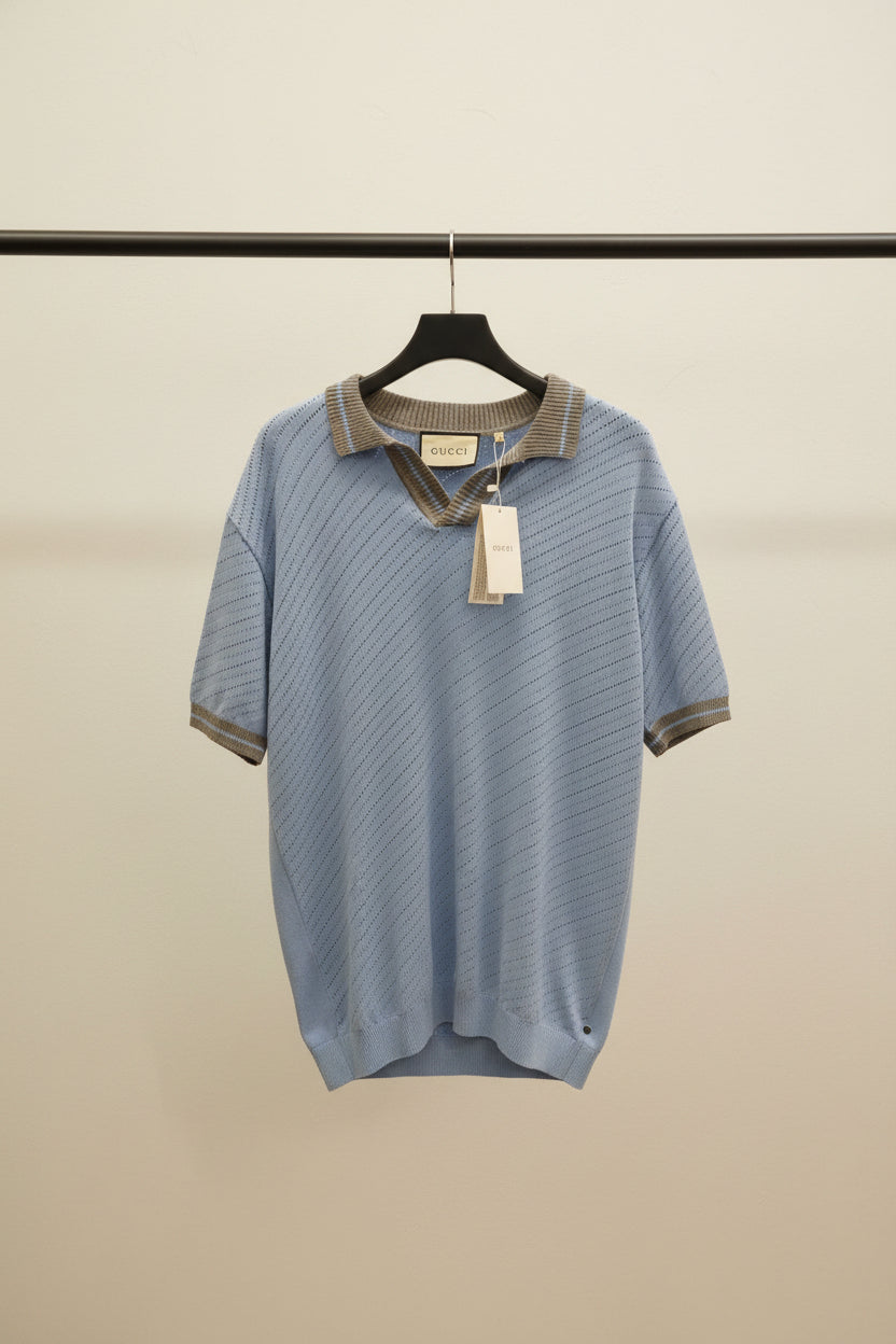 Gucci Men's Light Blue Knitted Polo Shirt with Striped Collar