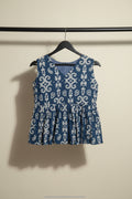 Women's Blue & Off-White Printed Sleeveless Peplum Top