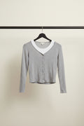 Women's Grey Ribbed Long Sleeve Button-Front Top