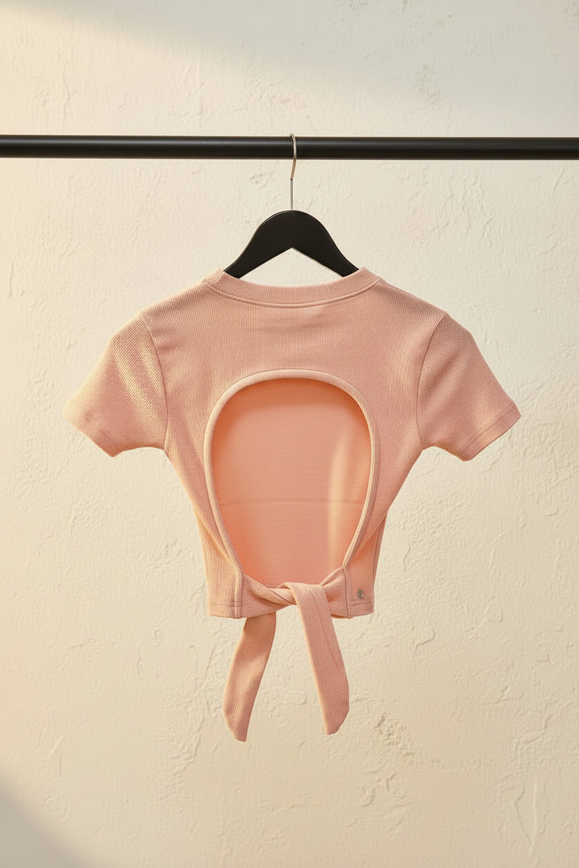Women's Peach Ribbed Crop Top with Back Cutout and Tie Detail