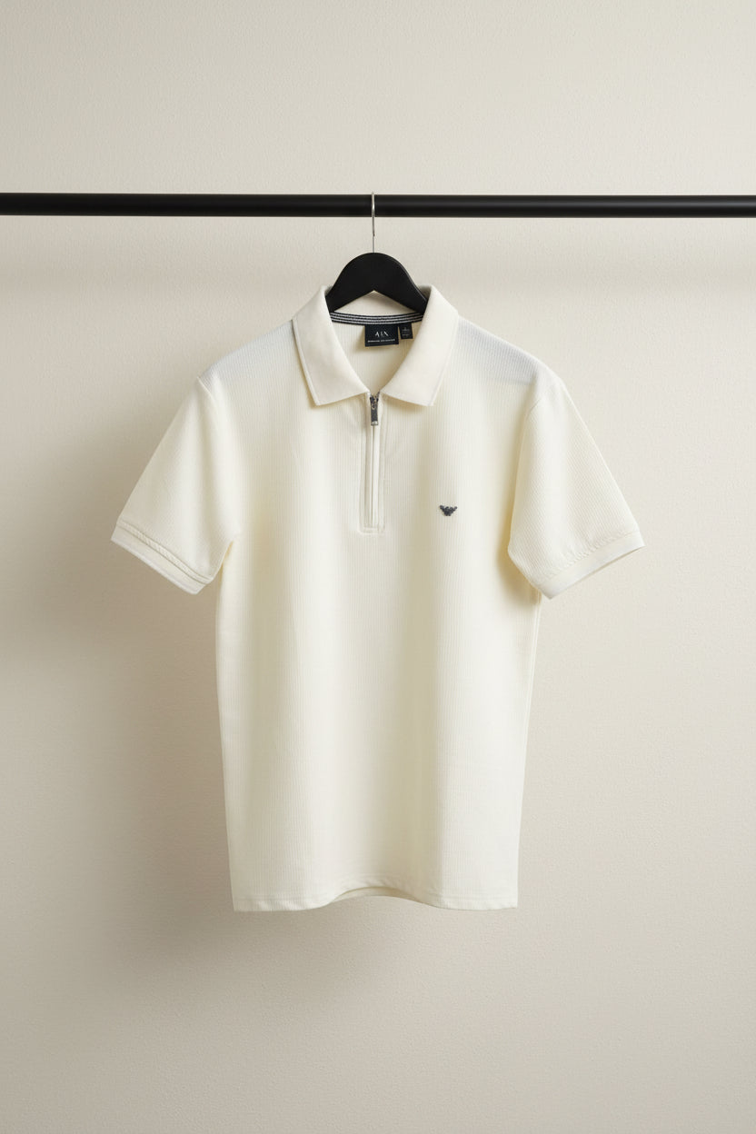 Armani Exchange Men's Cream Ribbed Polo Shirt with Zipper