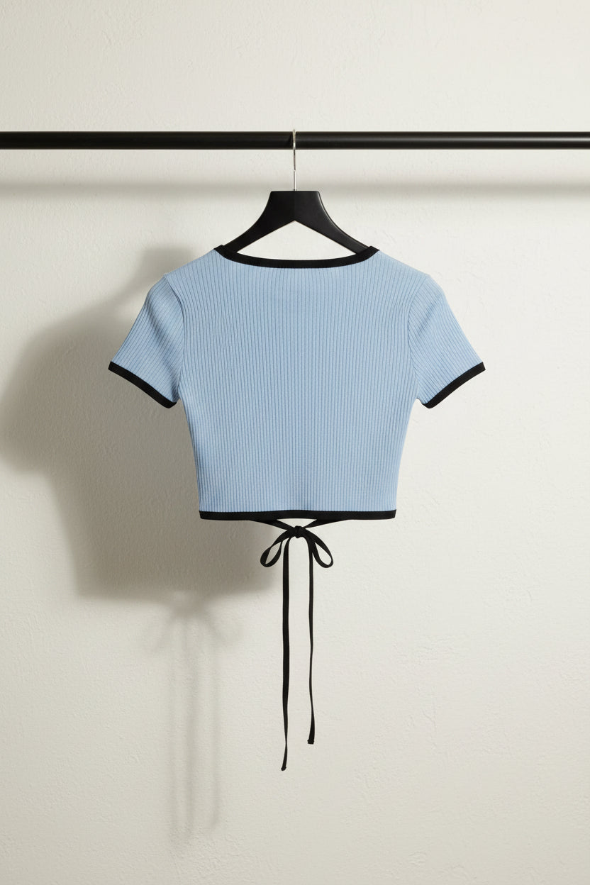 LEAGUES Women's Sky Blue Ribbed Crop Top with Front Tie Detail