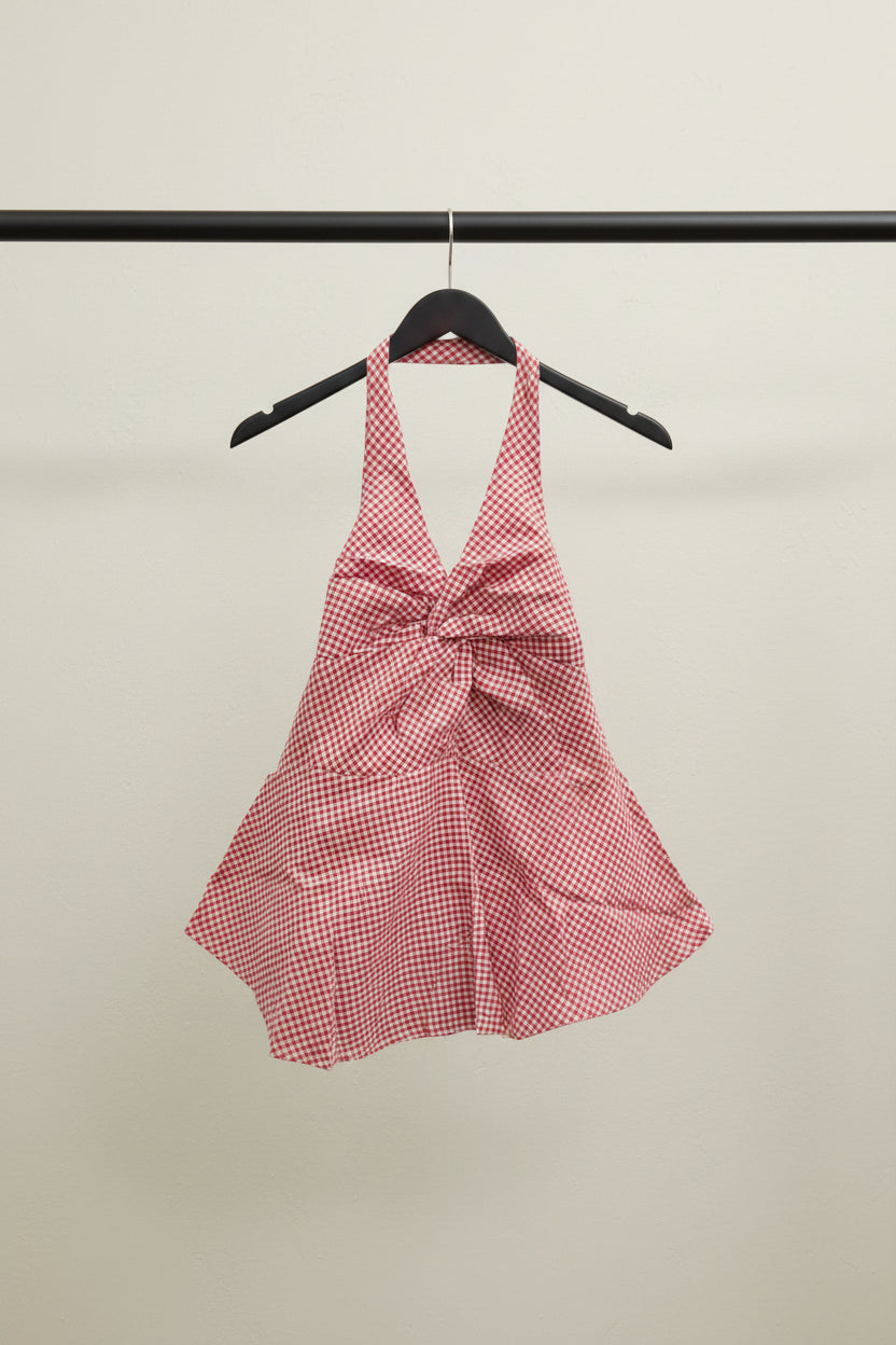 Women's Red & White Gingham Halter Neck Top with Bow Detail