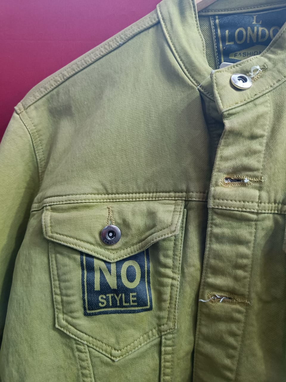 L London Fashionable Men's Olive Green Denim Jacket with 'NO STYLE' Patches
