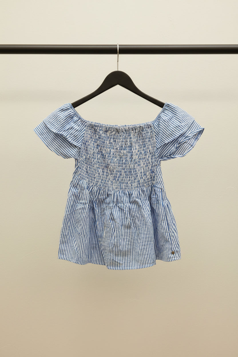 Blue and White Striped Off-Shoulder Smocked Peplum Top