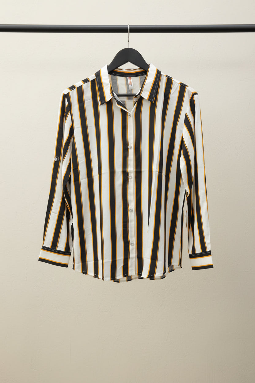 tom tom Women's Black White Orange Striped Long Sleeve Button-Up Shirt