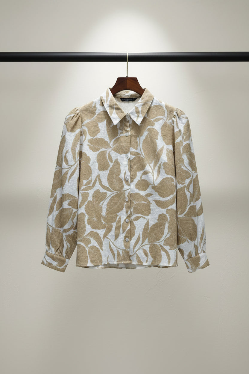 Zara Women's White & Brown Leaf Print Long Sleeve Button-Up Shirt