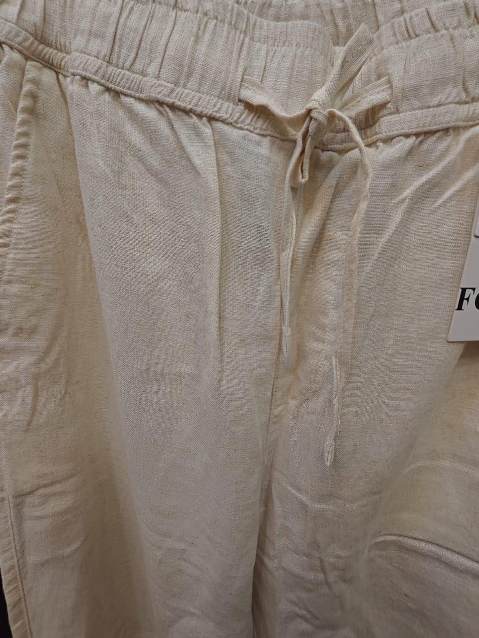 FC UTD Men's Beige Linen Blend Drawstring Relaxed Fit Trousers