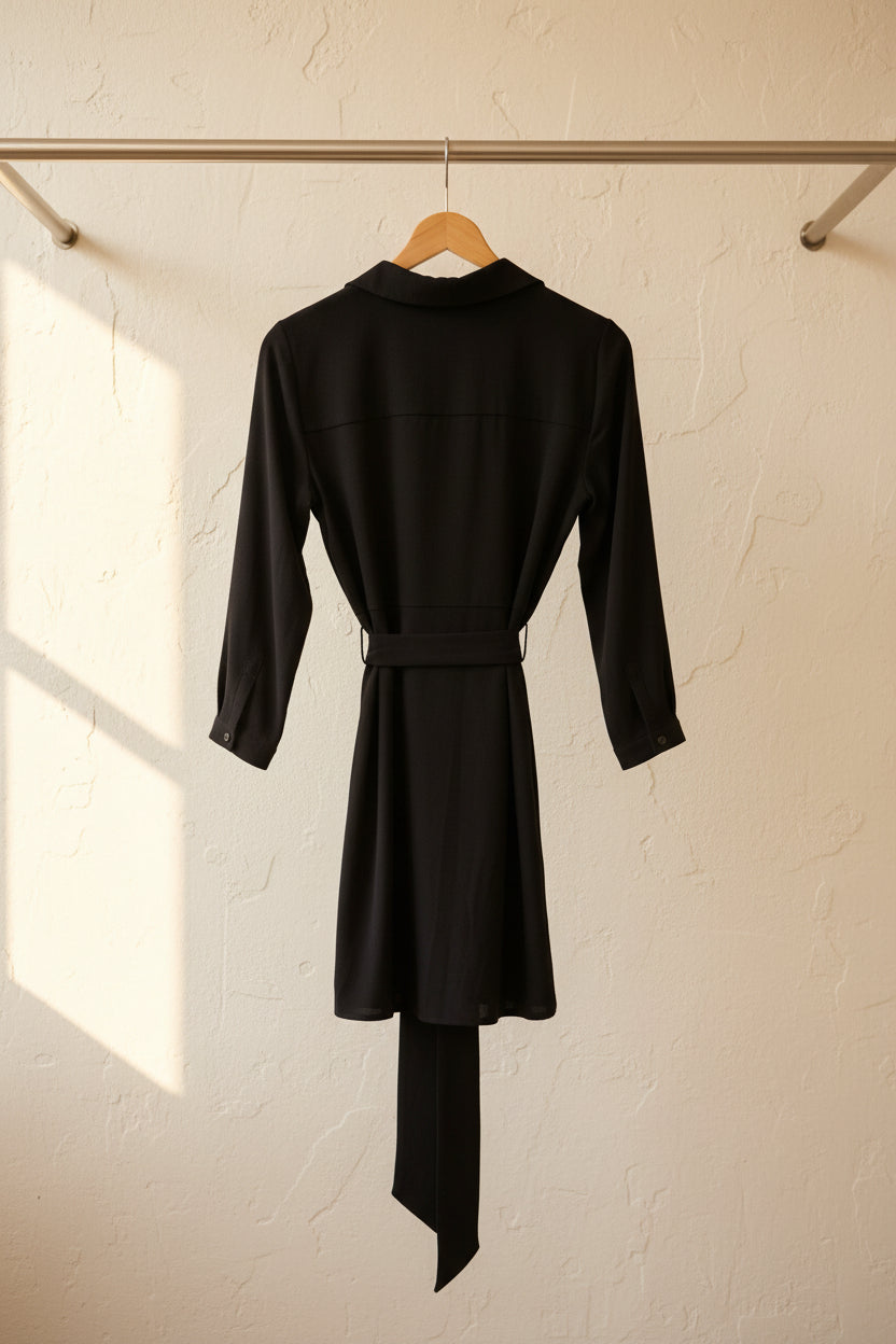 Zara Woman Black Collared Button-Front Belted Mini Dress