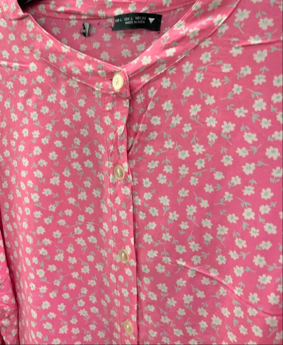 Women's Pink Floral Long Sleeve Button-Up Blouse