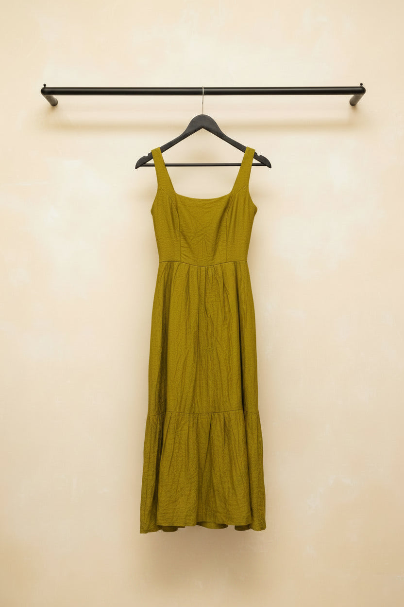Women's Green Crinkled Tiered Mini Dress with Lace-Up Back