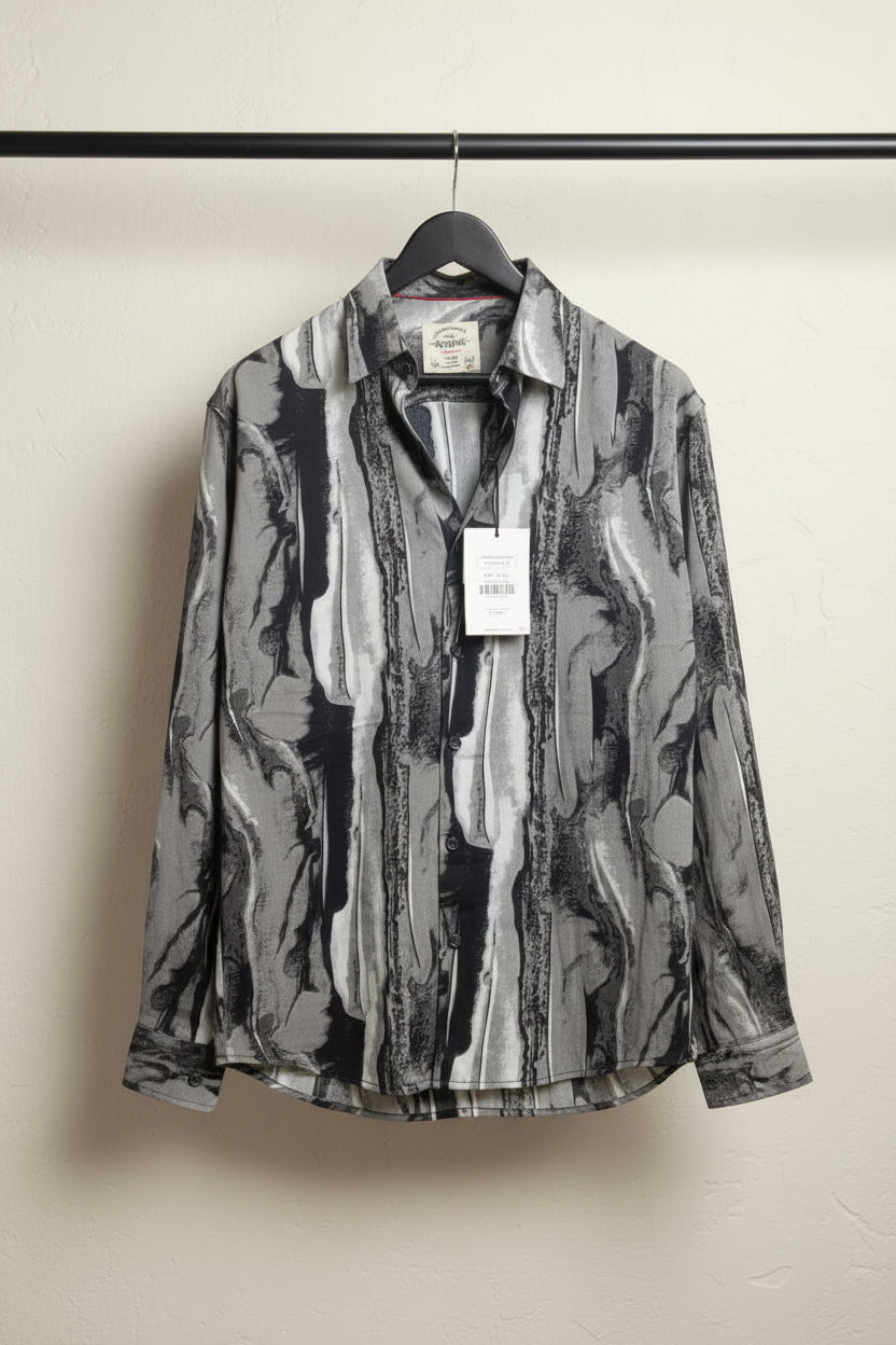 BEGINS Men's Black and Grey Abstract Print Full Sleeve Casual Shirt