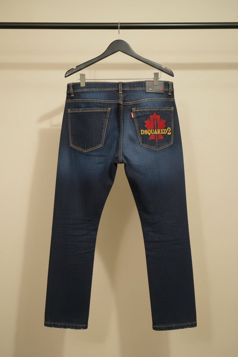 DSQUARED2 Men's Dark Blue Denim Jeans with Maple Leaf Logo