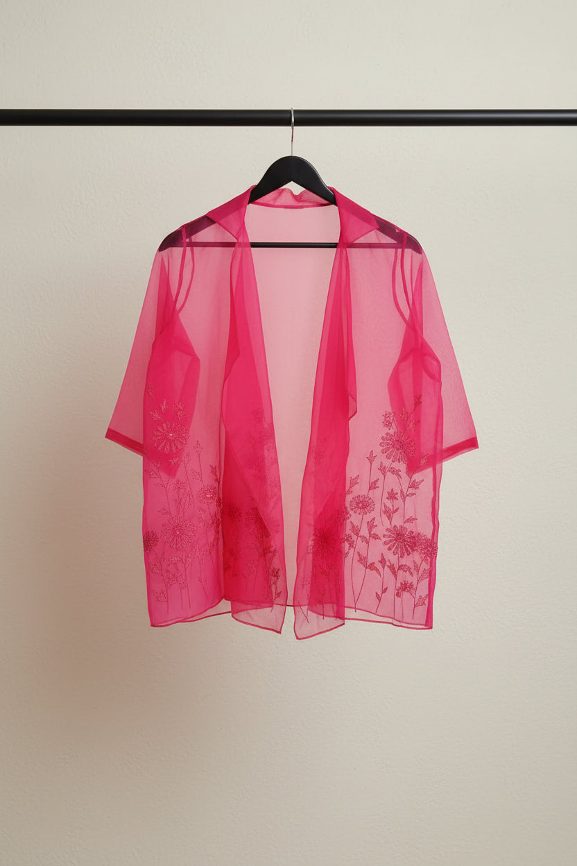 Jamila & Seema Women's Hot Pink Floral Embroidered Sheer Shrug