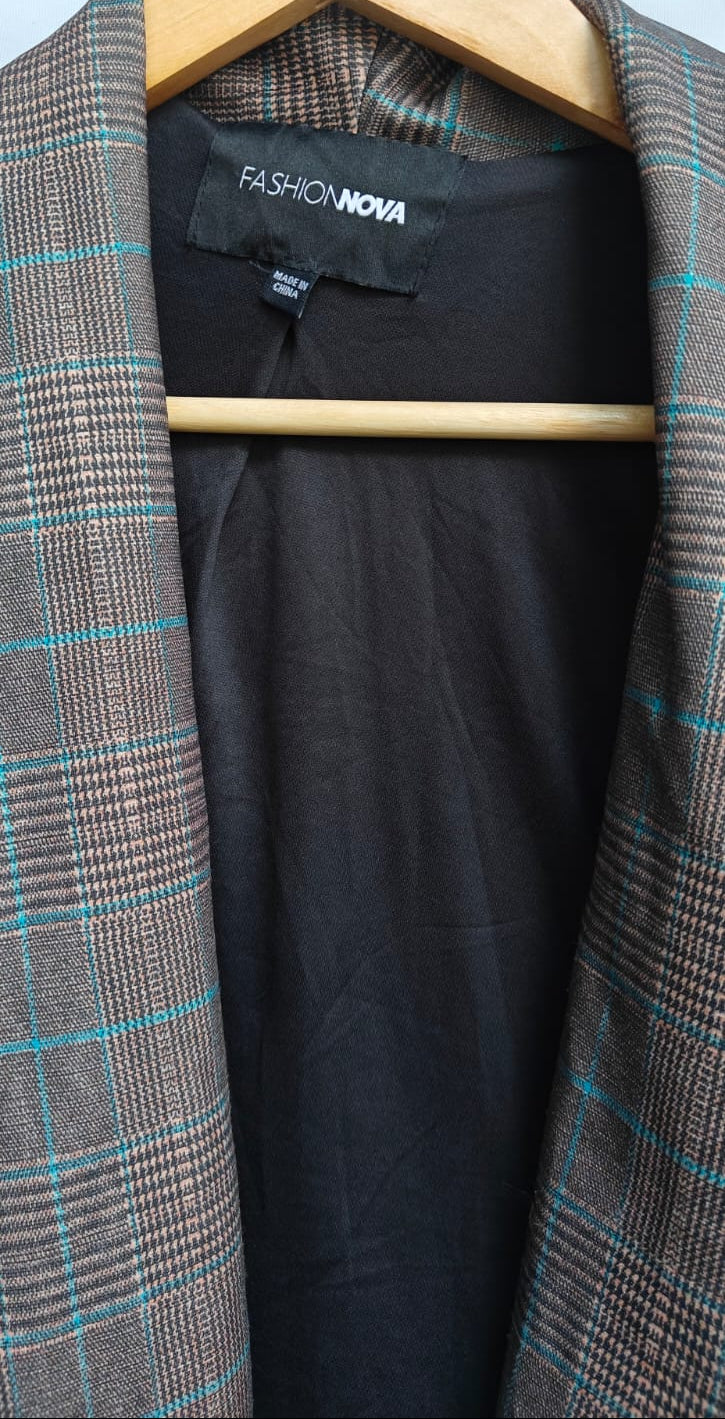 Fashion Nova Brown Plaid Open Front Relaxed Fit Blazer
