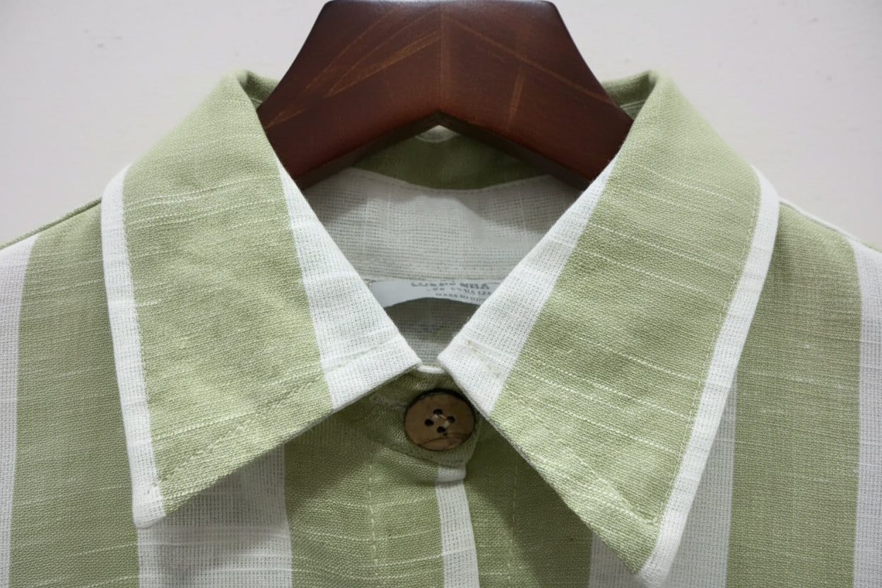 Lucky Brand Women's Green and White Striped Collared Shirt