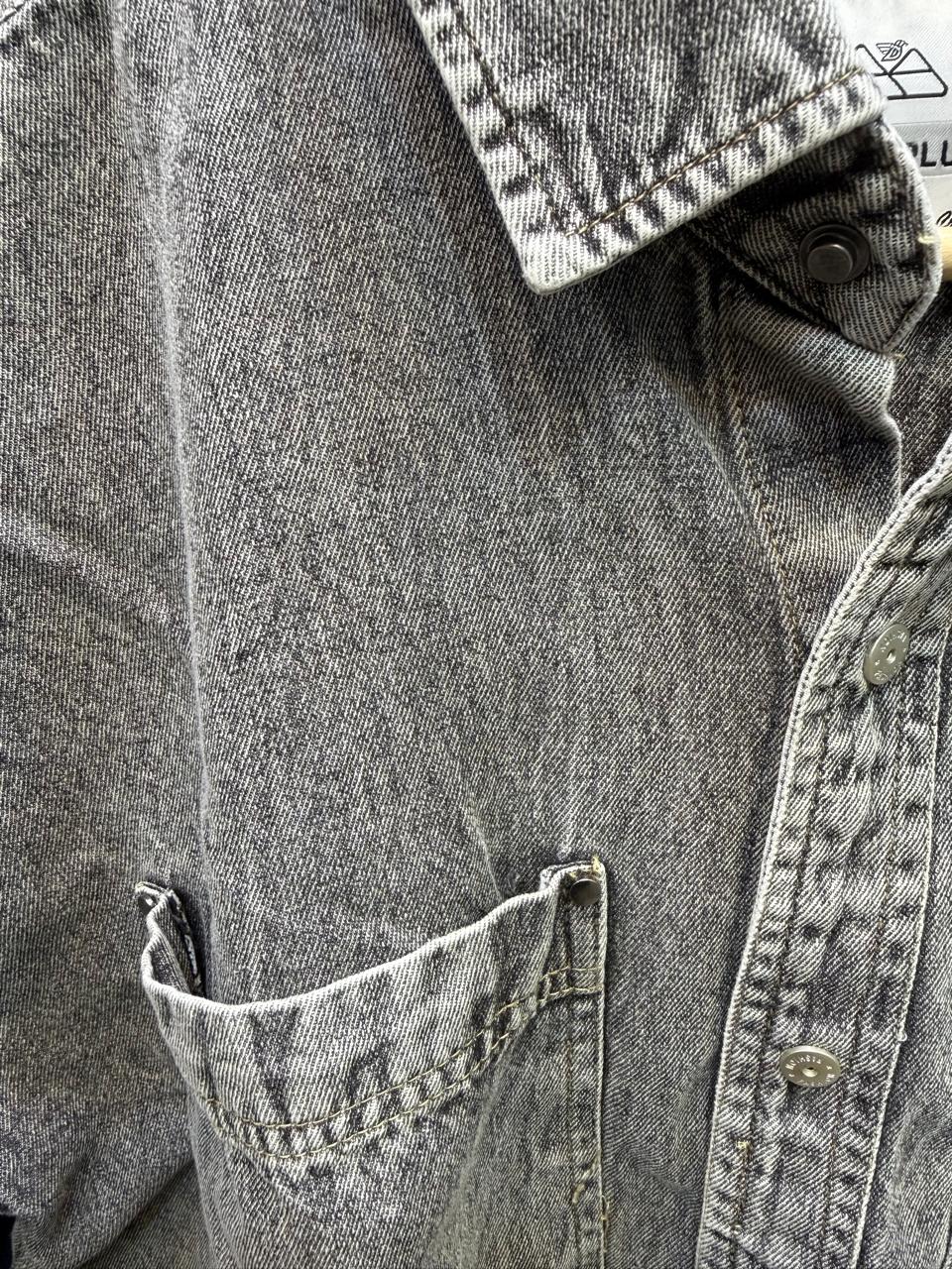 Men's I DOZ PLUS Grey Washed Denim Short Sleeve Shirt with Christian Dior Embroidery