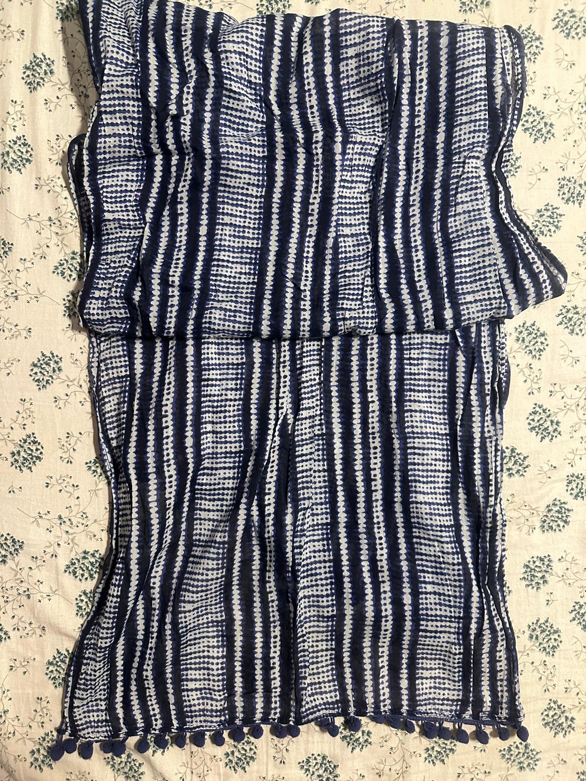 Navy Blue and White Striped Cotton Scarf