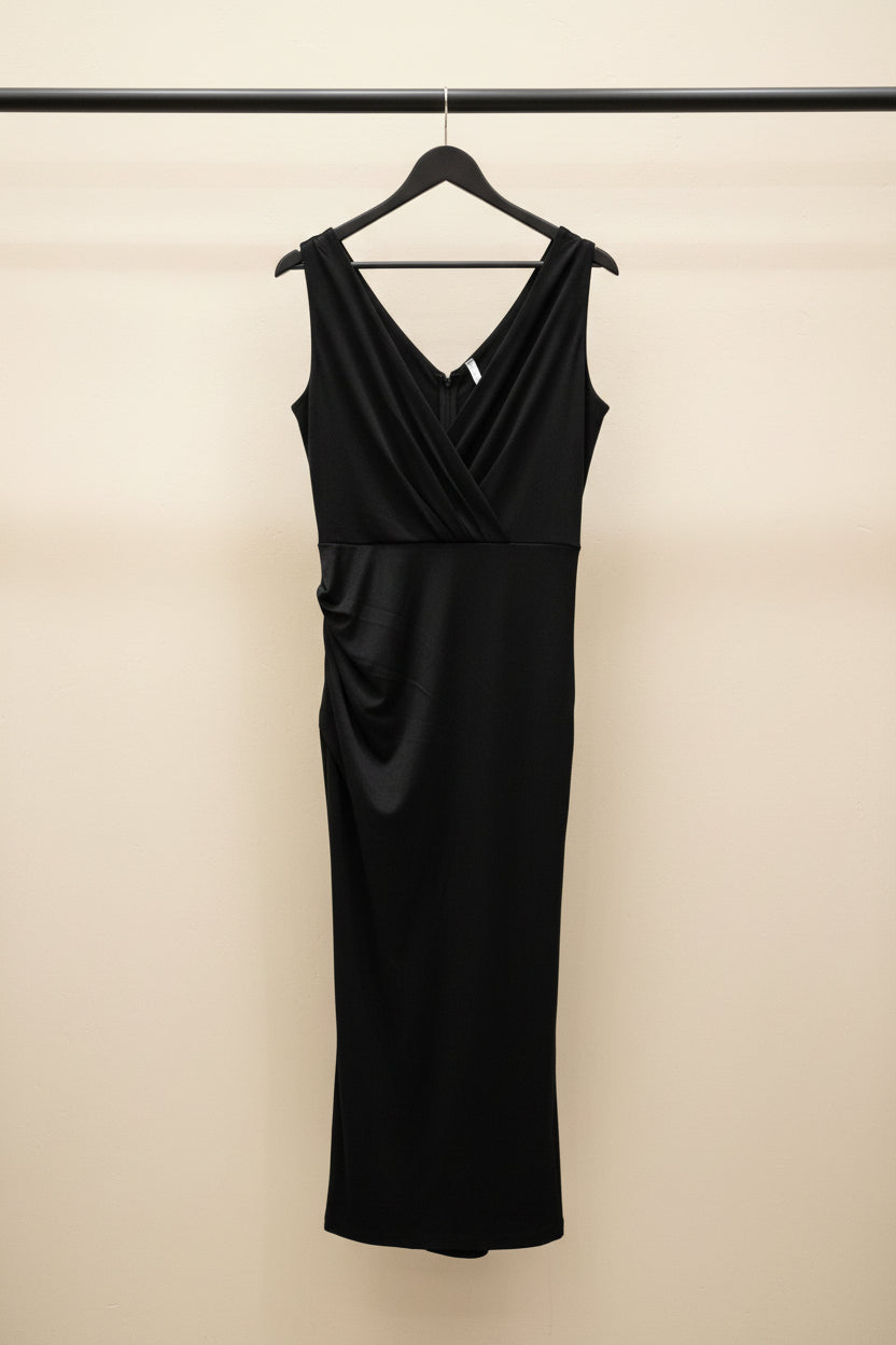 RHYTHM Women's Black Draped V-Neck Slit Maxi Dress