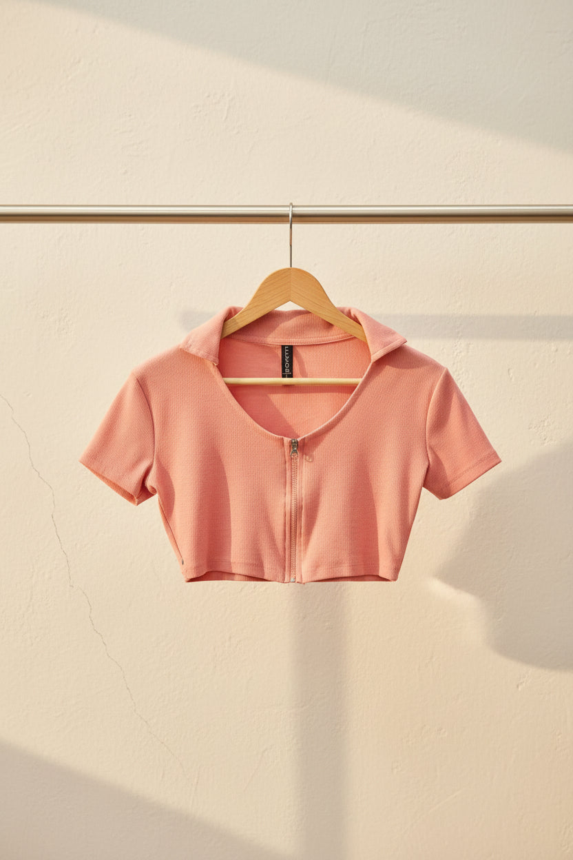LILLEAGLE Women's Peach Ribbed Zip-Up Crop Top