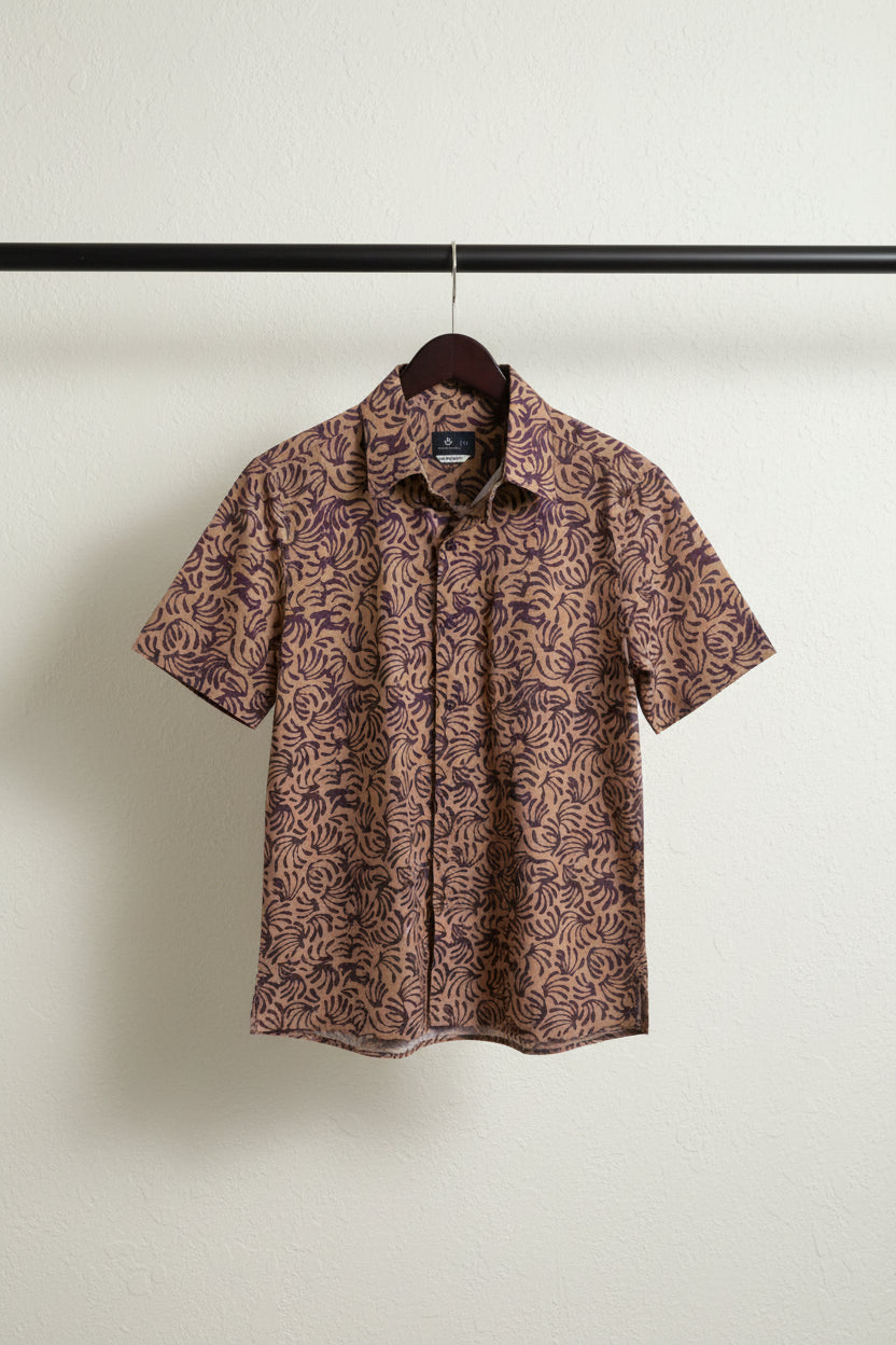 Bulan Bintang Men's Brown Patterned Relaxed Fit Short Sleeve Shirt