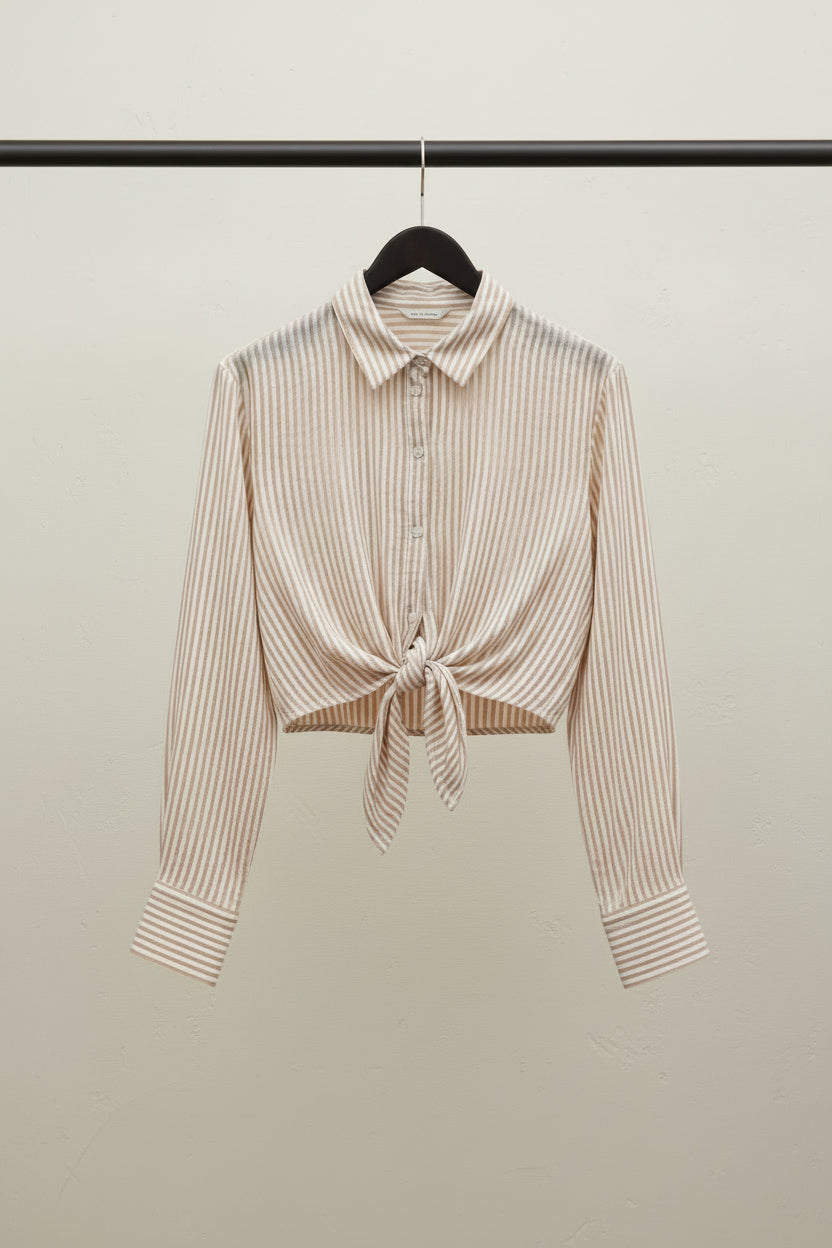 White Textured Tie-Front Long Sleeve Crop Top
