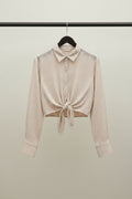 White Textured Tie-Front Long Sleeve Crop Top