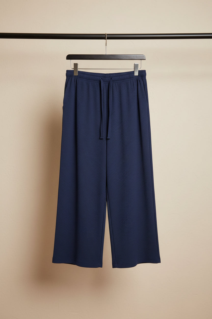 Women's Navy Blue Textured Knit Drawstring Wide Leg Trousers