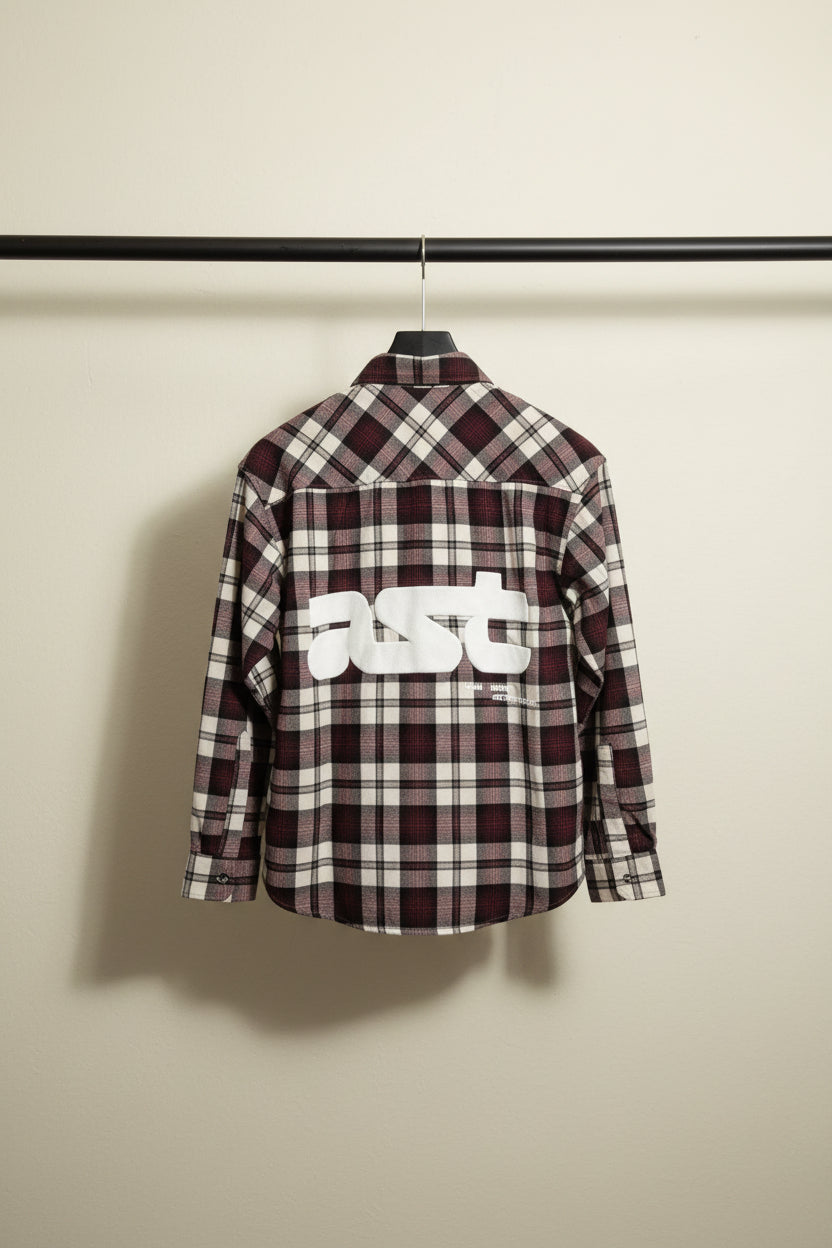 FC UNITED Men's Maroon & White Plaid Flannel Shirt with 'AST' Graphic