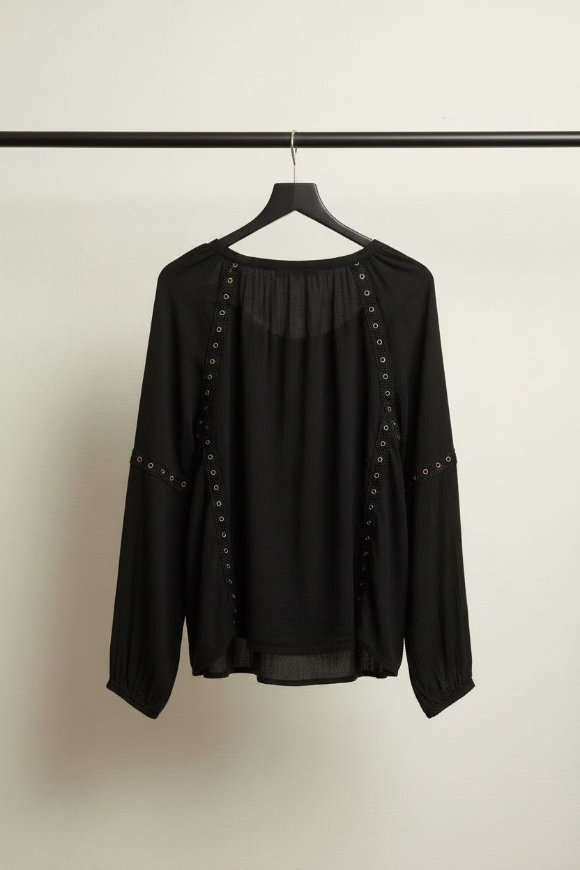 INC Black Rayon Long Sleeve Blouse with Eyelet Detail