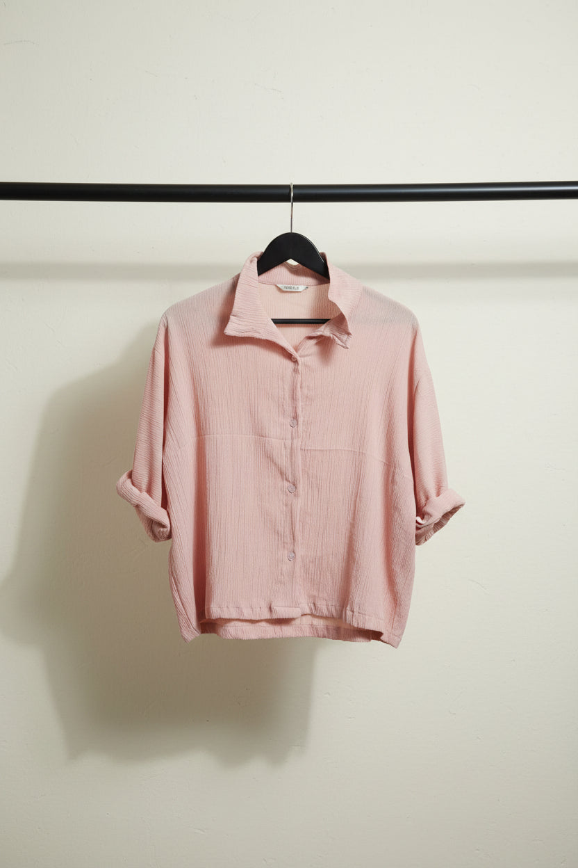Pink Textured Collared Button-Down Top