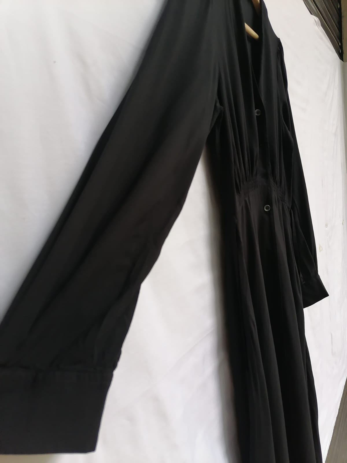 UNIQLO Black V-Neck Long Sleeve Shirred Waist Midi Dress