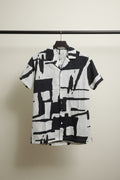 CORE COMFORT Men's Black and White Abstract Print Short Sleeve Casual Shirt