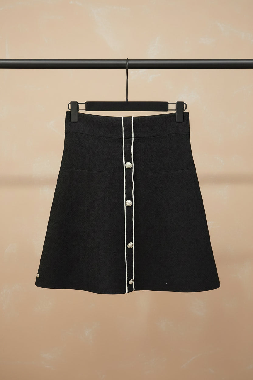 Black A-Line Skirt with White Trim and Gold Buttons