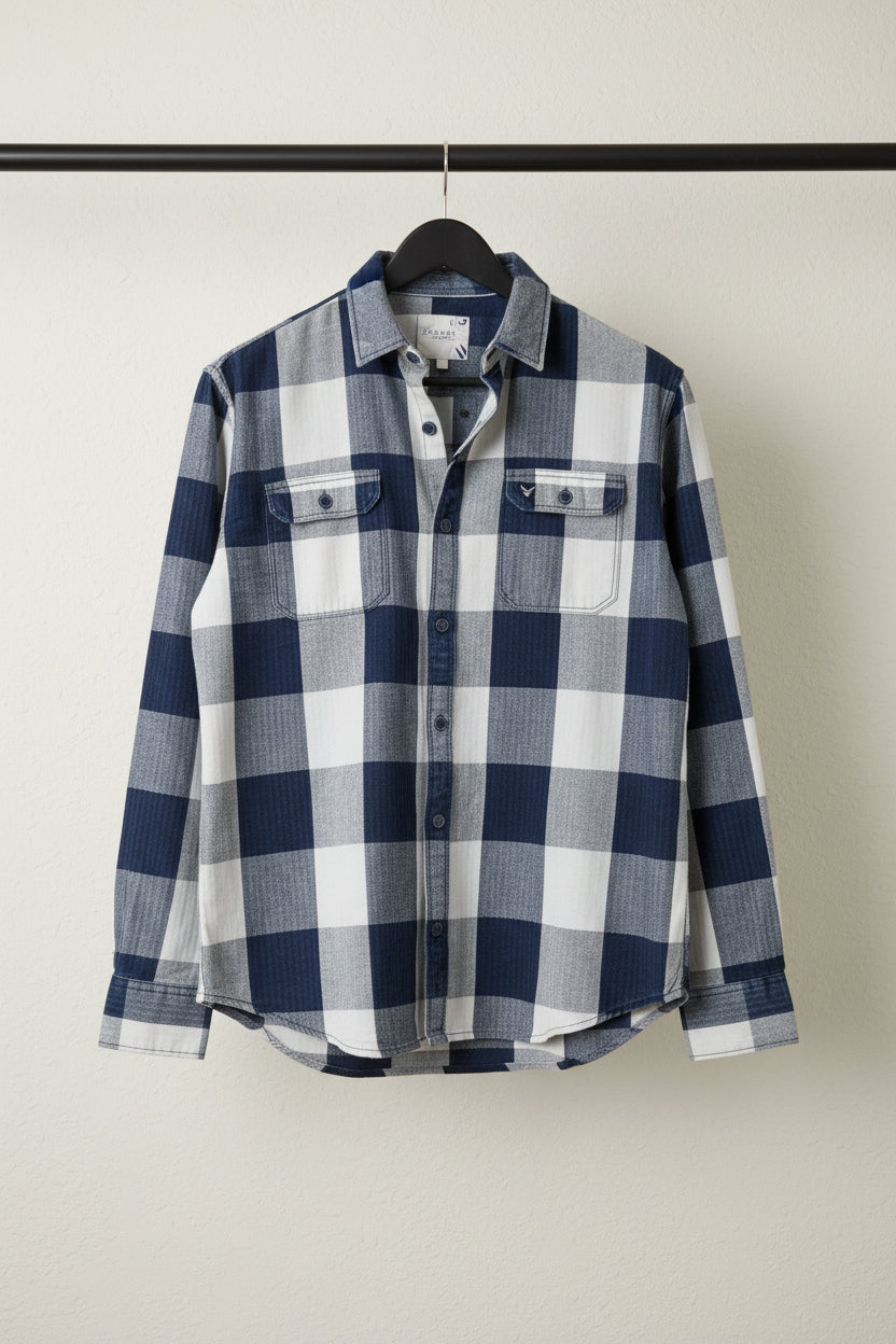 MECHANIC LONDON Men's Blue & White Plaid Check Casual Shirt