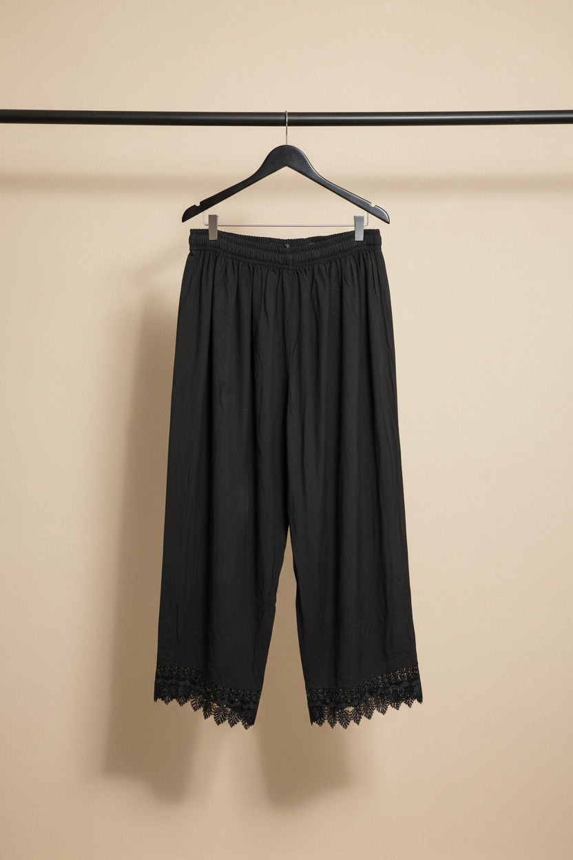Black Palazzo Pants with Elastic Waist and Lace Hem