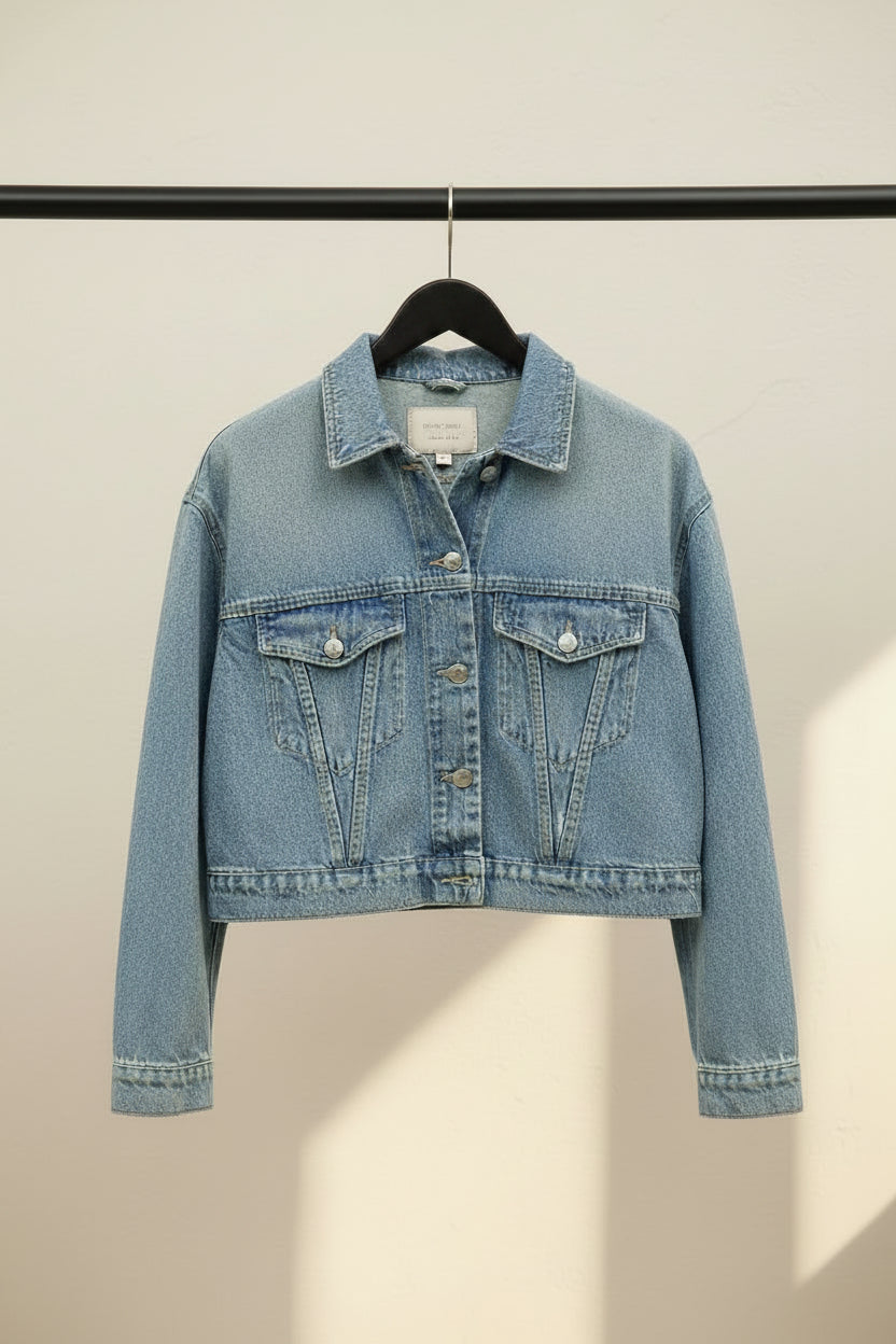 Stradivarius Women's Blue Distressed Boxy Fit Denim Jacket