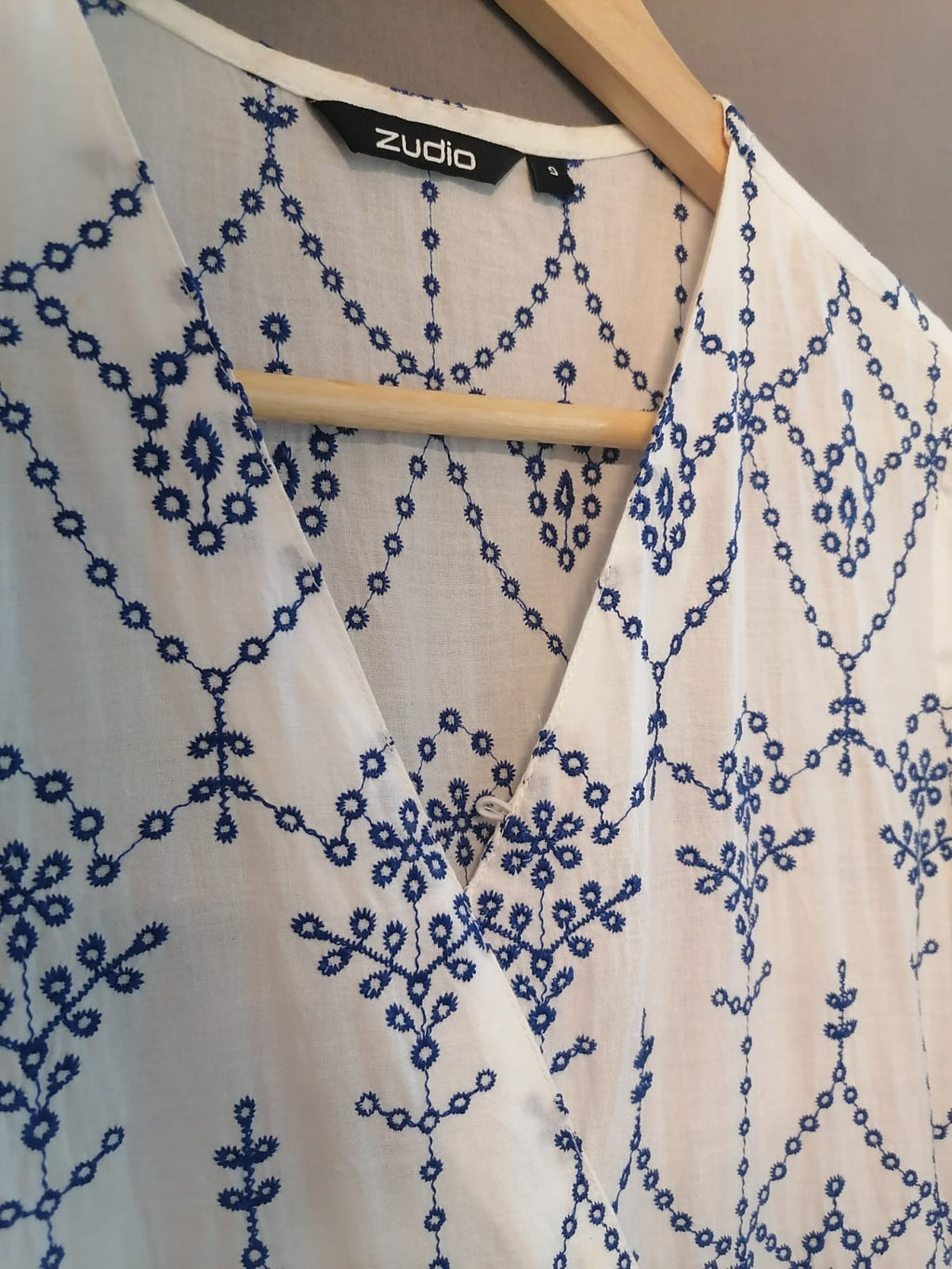 Zudio White & Blue Embroidered Cotton Wrap Dress