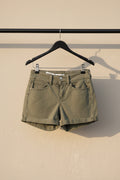 Women's Olive Green Low Rise Cuffed Denim Shorts