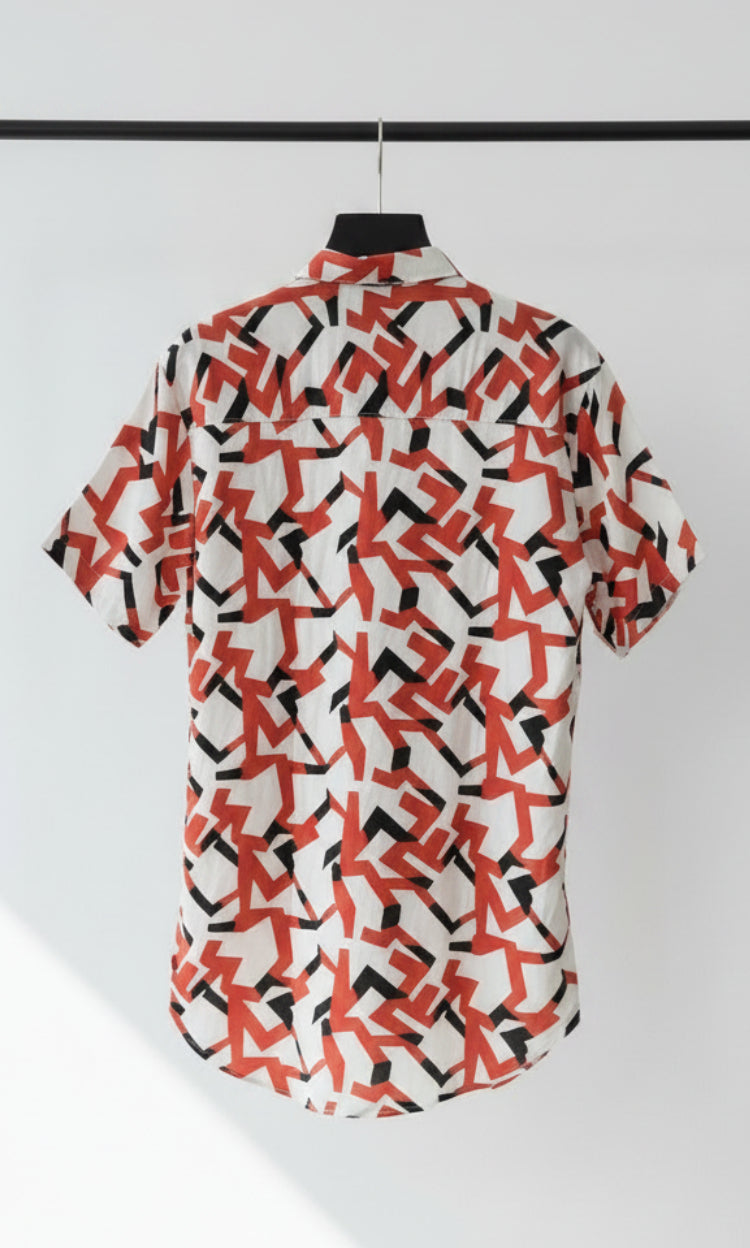 Men's White, Orange & Black Geometric Print Short Sleeve Casual Shirt